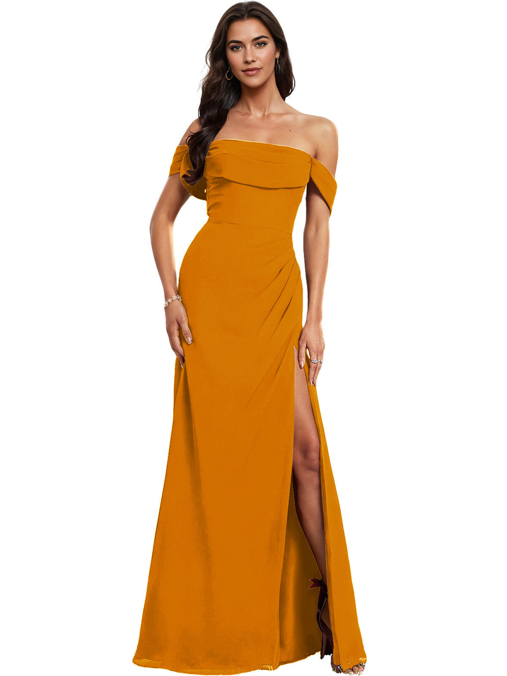 Off Shoulder Crepe Bridesmaid Dress with Foldover Neckline and Slit