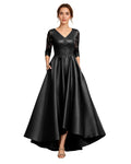 V-Neck Lace Satin A-Line Moms Dress with 3/4 Sleeves and Lace-Up Back