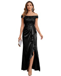 Off The Shoulder Lace Satin Bridesmaid Dress Ruched Slit Lace-Up Back Moms Dress