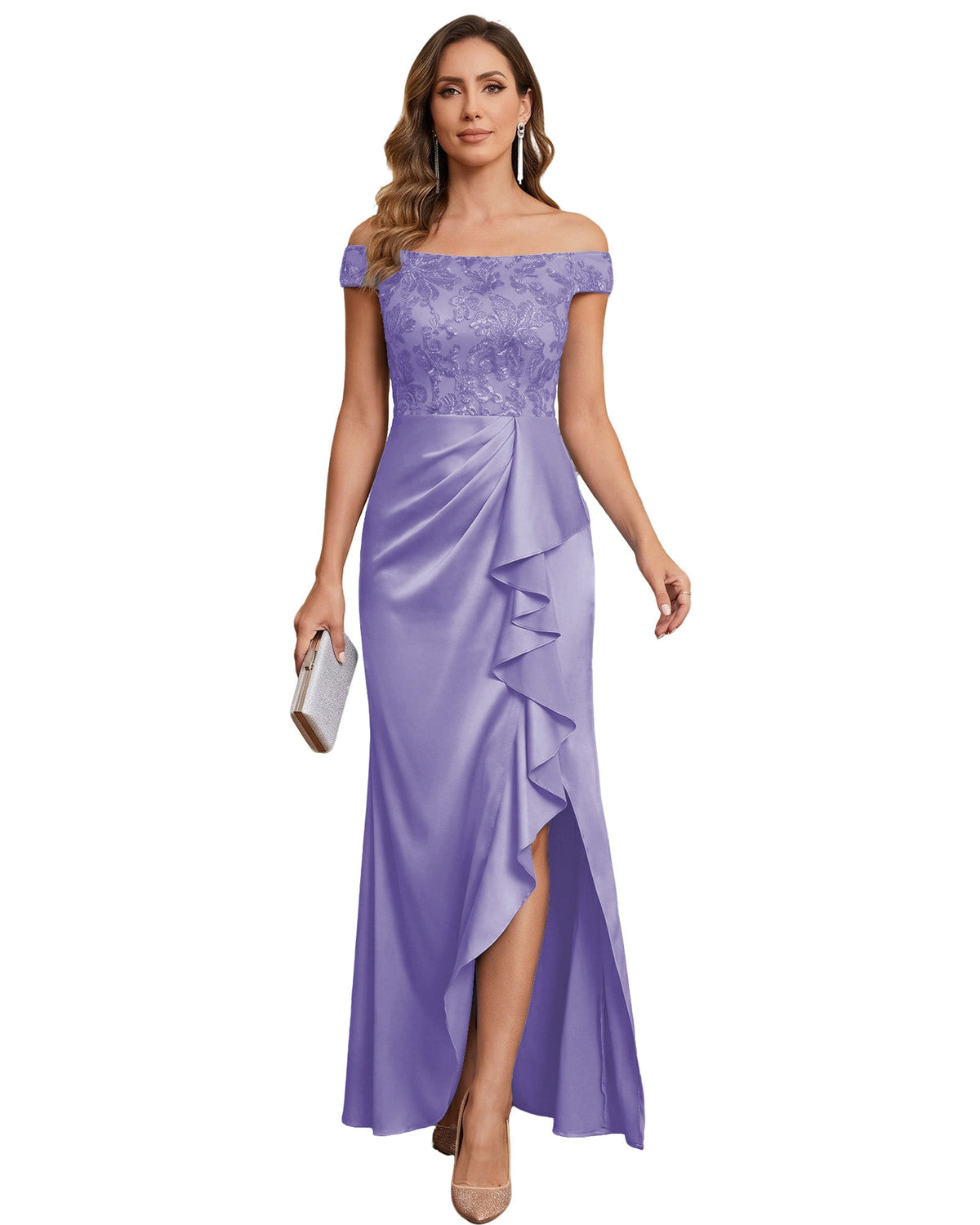 Off The Shoulder Lace Satin Bridesmaid Dress Ruched Slit Lace-Up Back Moms Dress