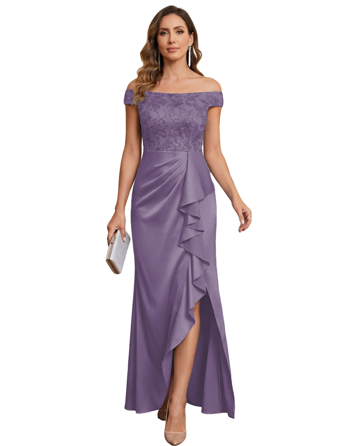 Off The Shoulder Lace Satin Bridesmaid Dress Ruched Slit Lace-Up Back Moms Dress