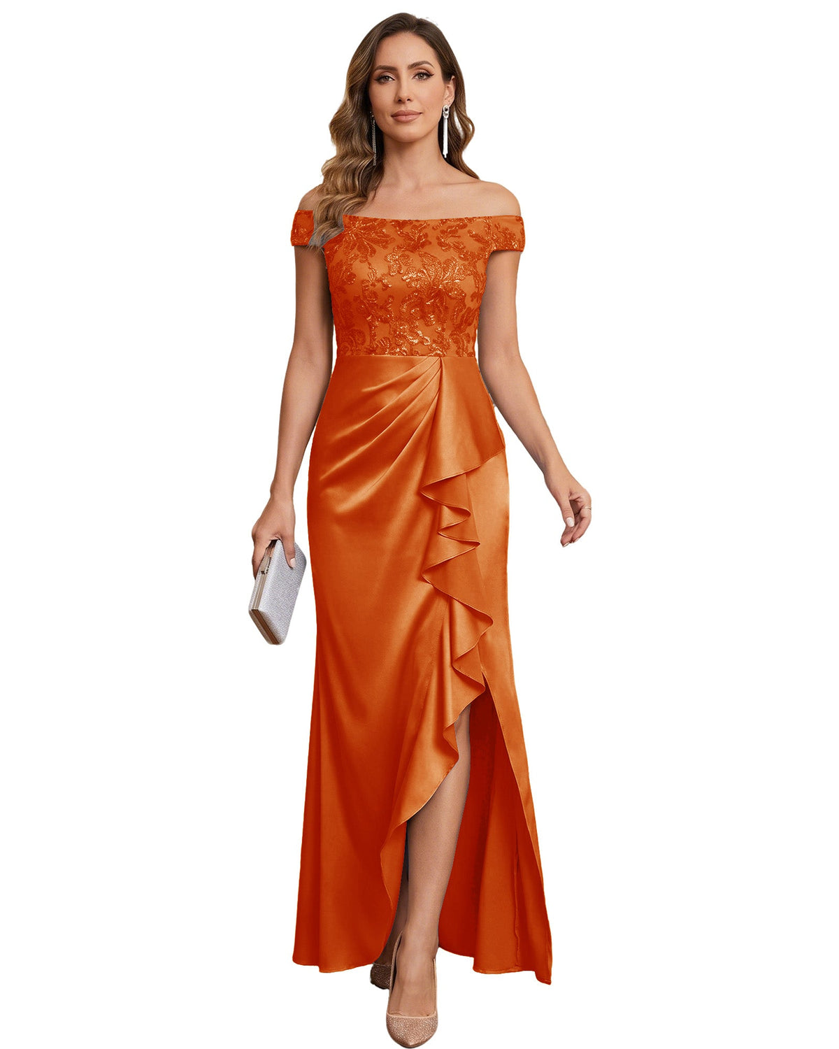 Off The Shoulder Lace Satin Bridesmaid Dress Ruched Slit Lace-Up Back Moms Dress