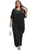Beaded V-Neck Chiffon Asymmetrical Layered Moms Sets with Wide-Leg Pants
