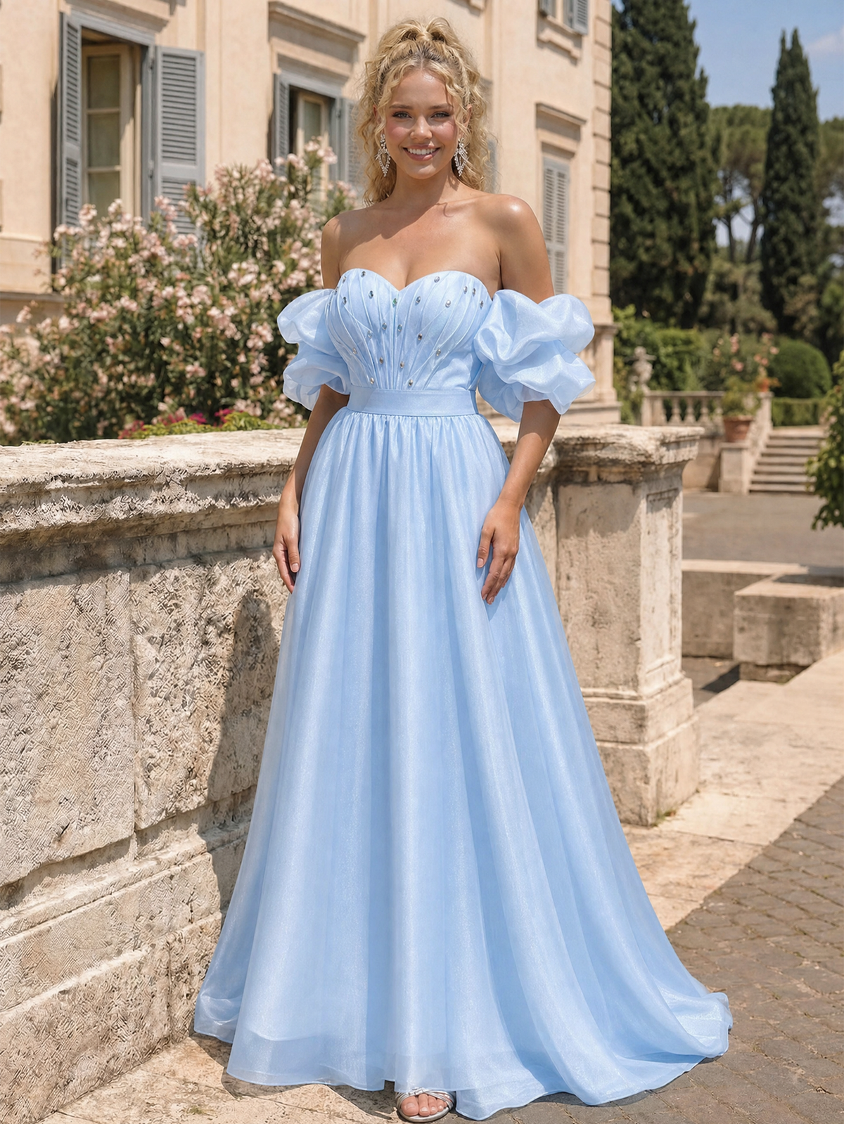 back or alternate view of spaghetti strap beaded corset satin prom dress with high slit with formal styling.